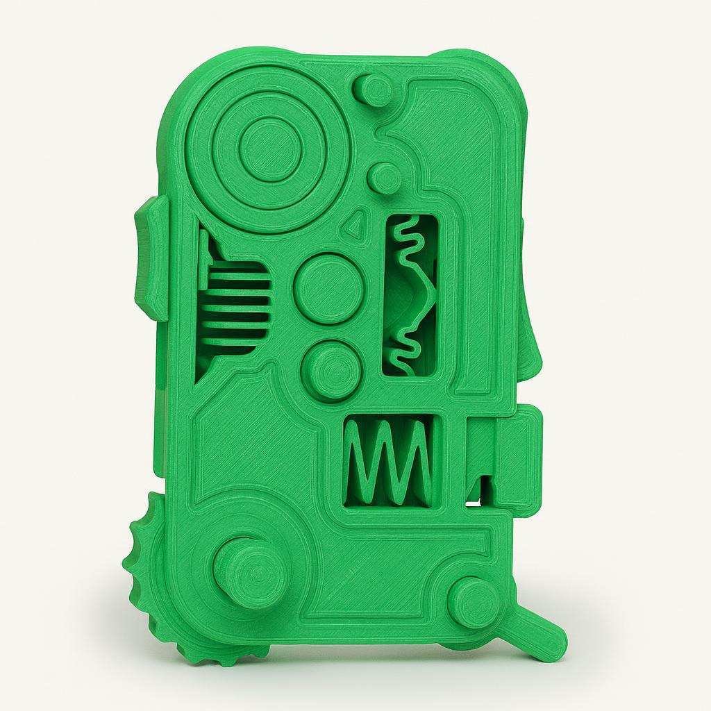 Green 3D printed fidget toy showing recessed slider tracks and circular spin area