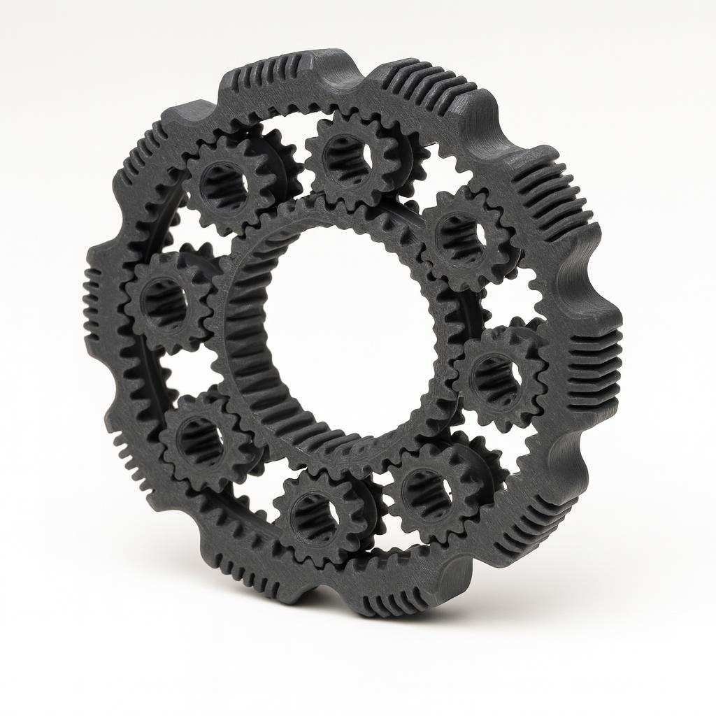 Angled view of 3D printed planetary gear fidget spinner showing ridged outer ring