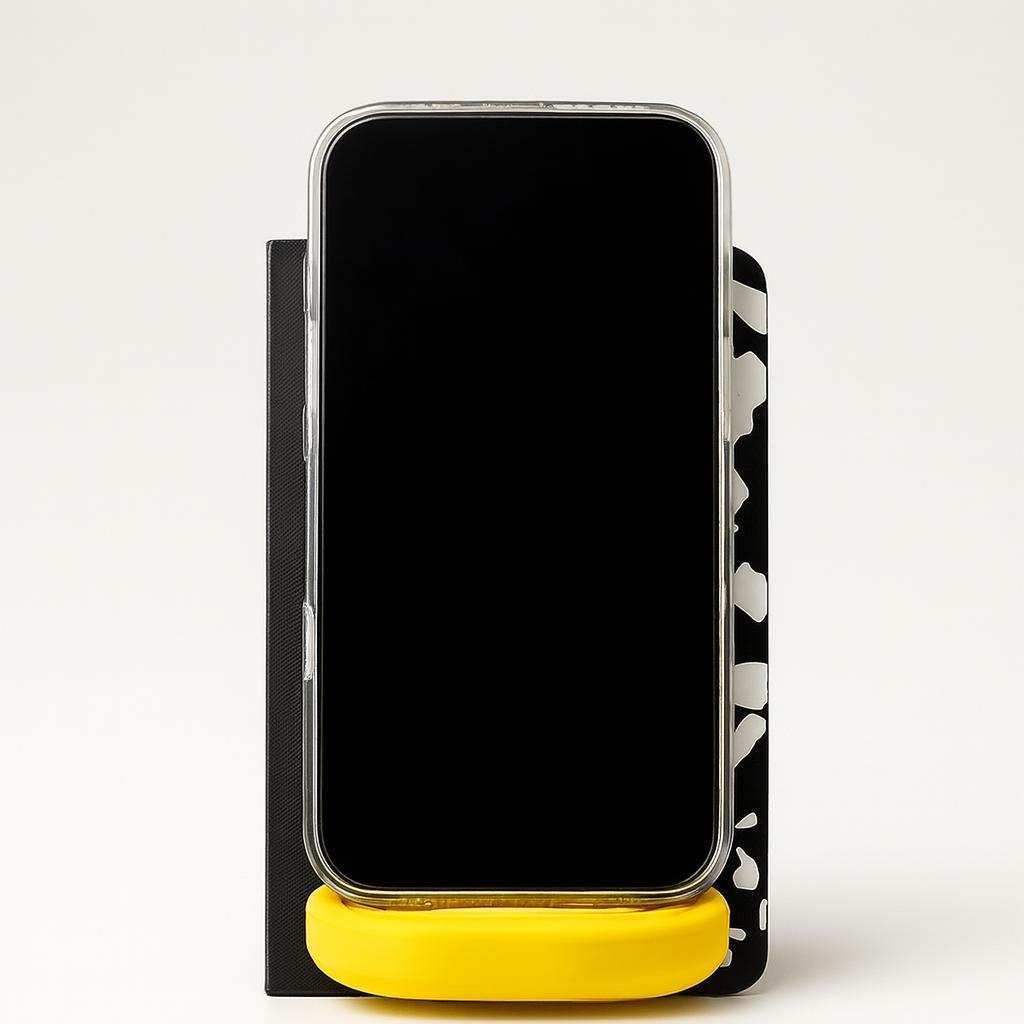 composition notebook phone stand holding smartphone in portrait view