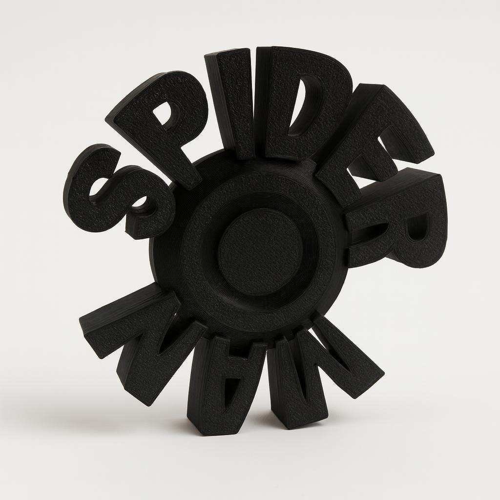 Angled view of 3D printed spider themed fidget spinner with letter spokes