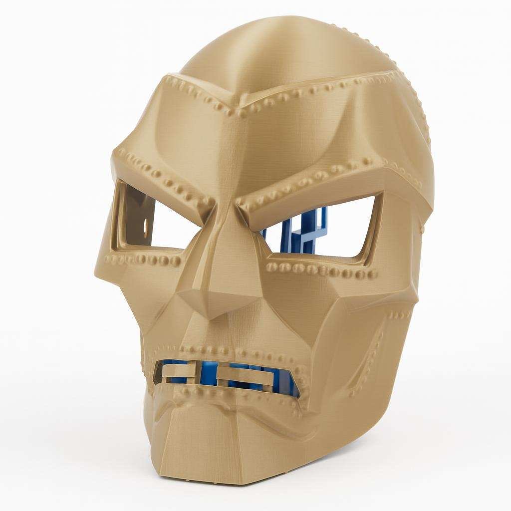 3D printed Doctor Doom mask helmet angled view showing rivet details