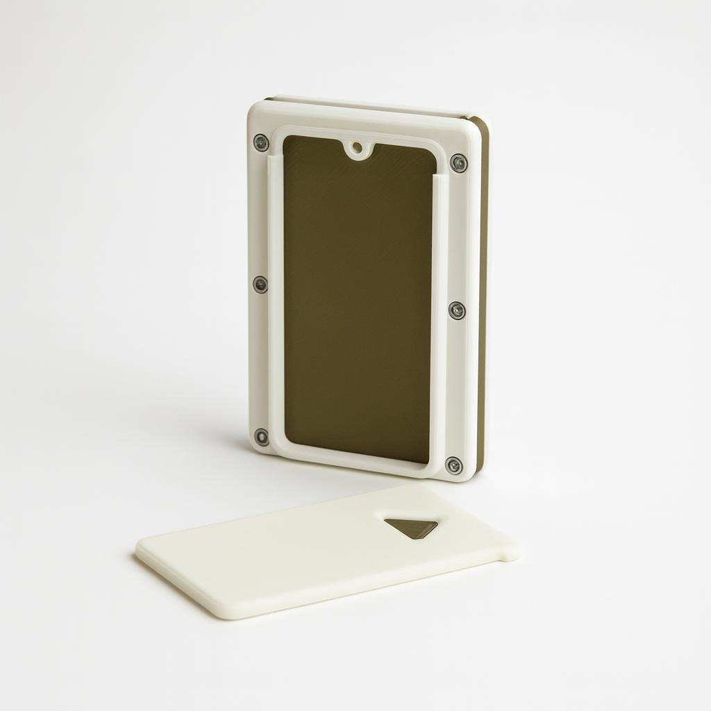 Modular wallet back view with window panel and corner fasteners
