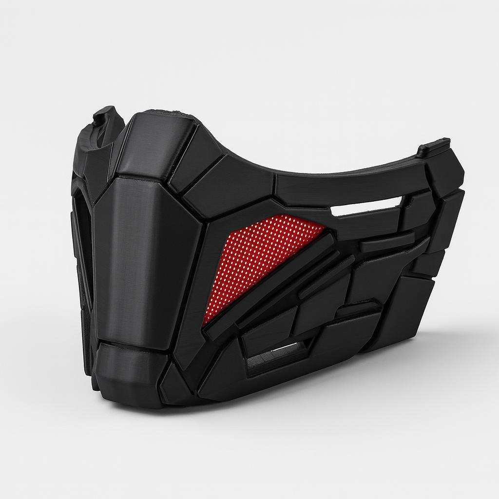 Wearable cyber half mask side profile showing angular panel lines and red insert