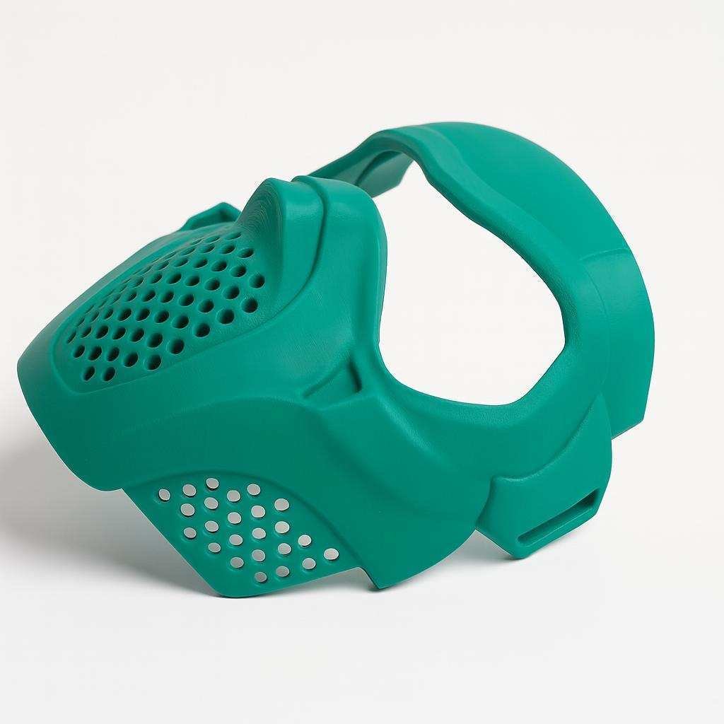 Side angle of green 3D printed tactical cosplay mask with open visor