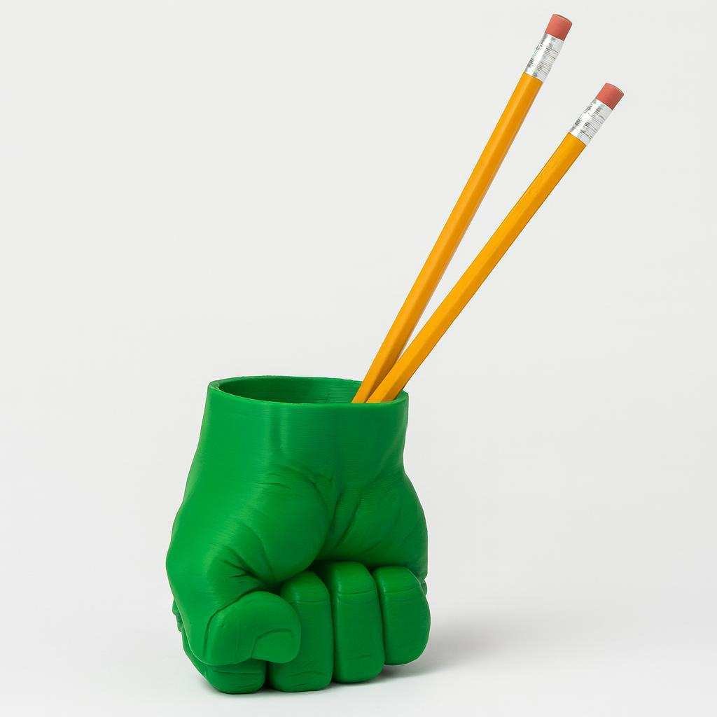 Green superhero fist pen holder holding two yellow pencils for scale