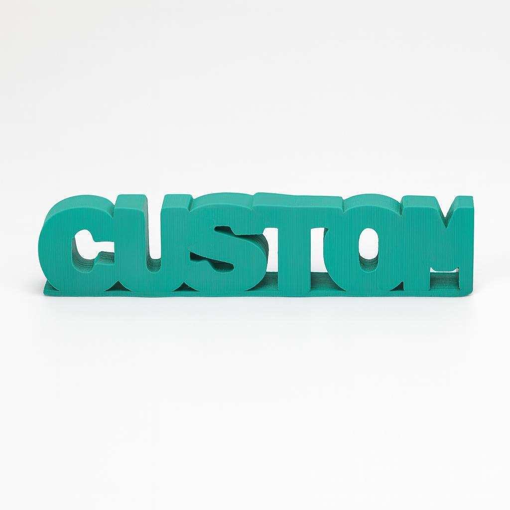 3D printed custom car name sign showing bold CUSTOM lettering