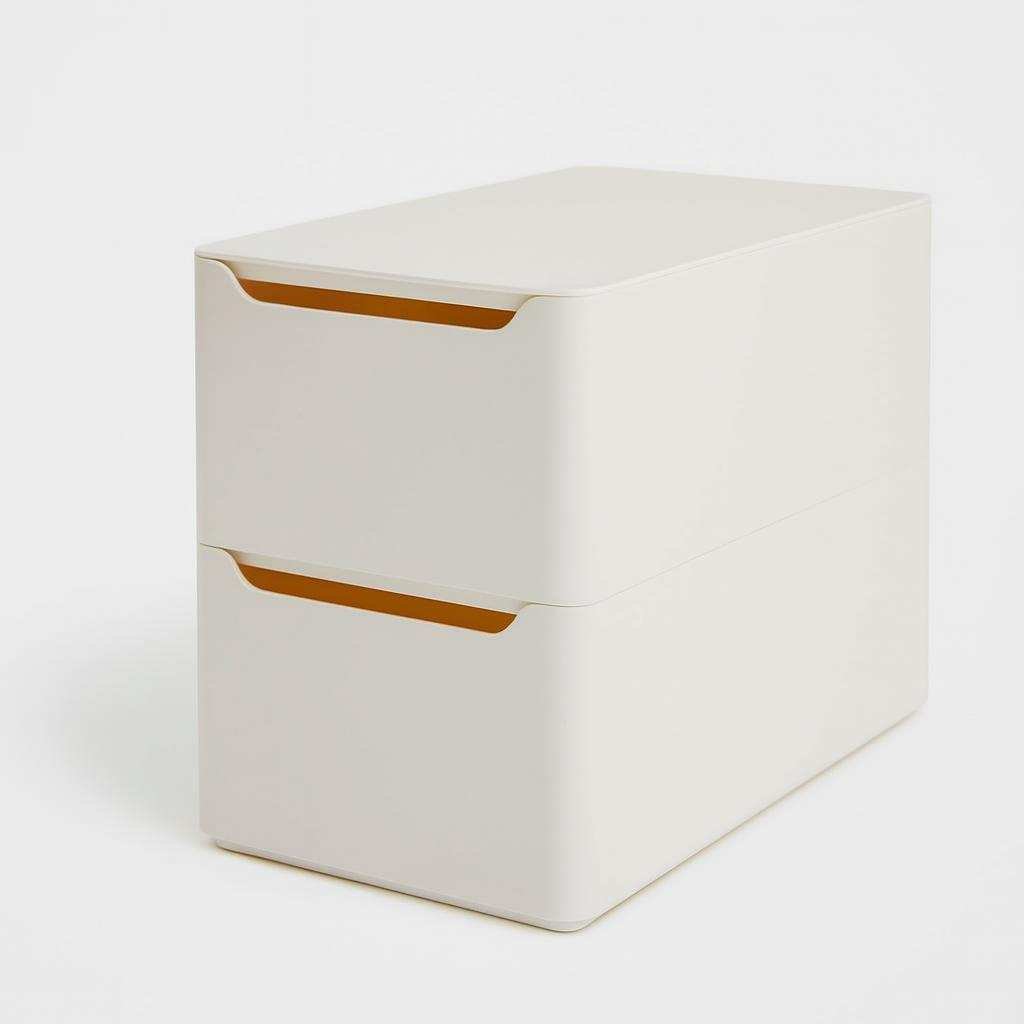Lidded organizer bin with finger-notch opening, light neutral color