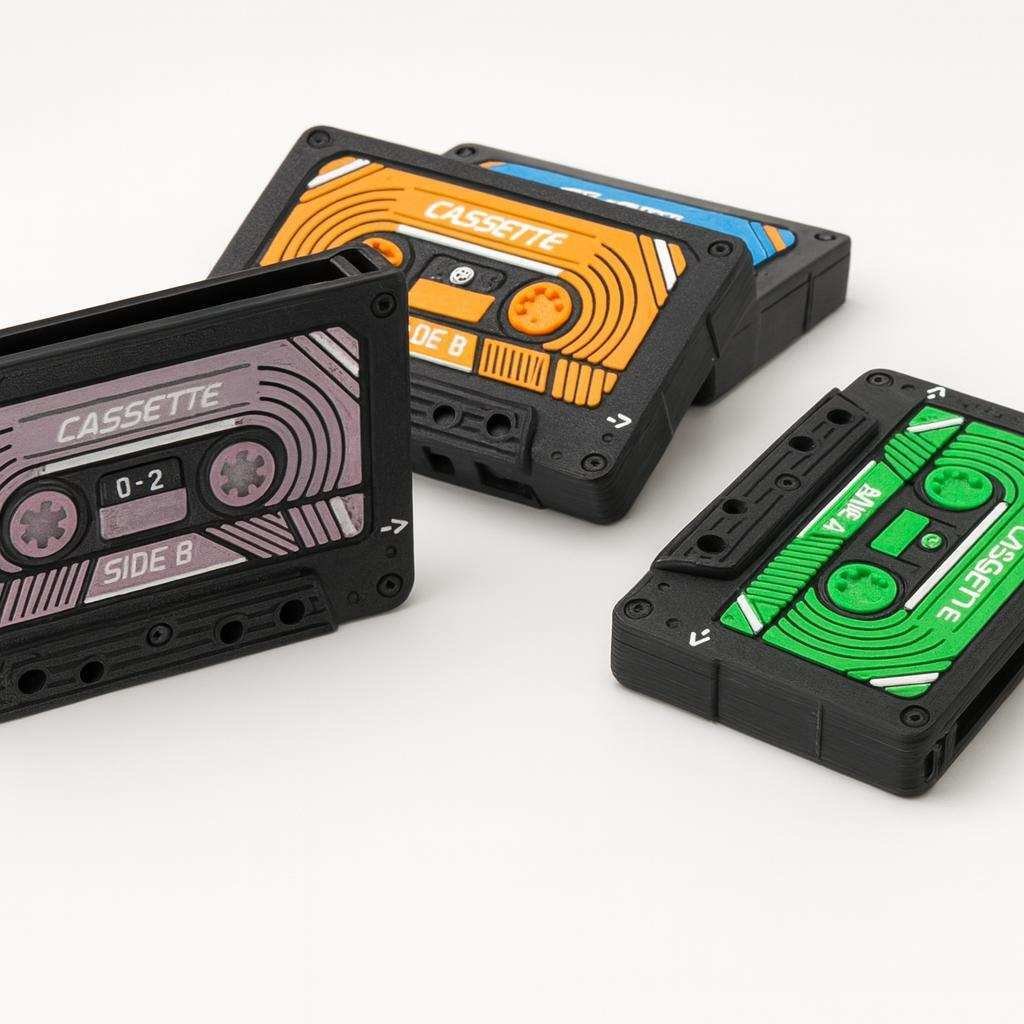 3D printed cassette-style card holders in multiple colors on white background