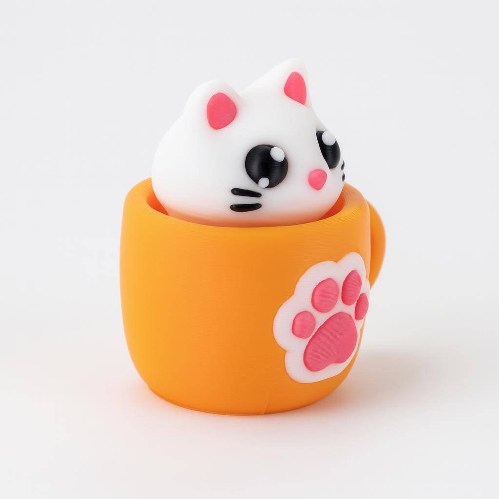 3D printed cat in a cup figure with paw badge detail