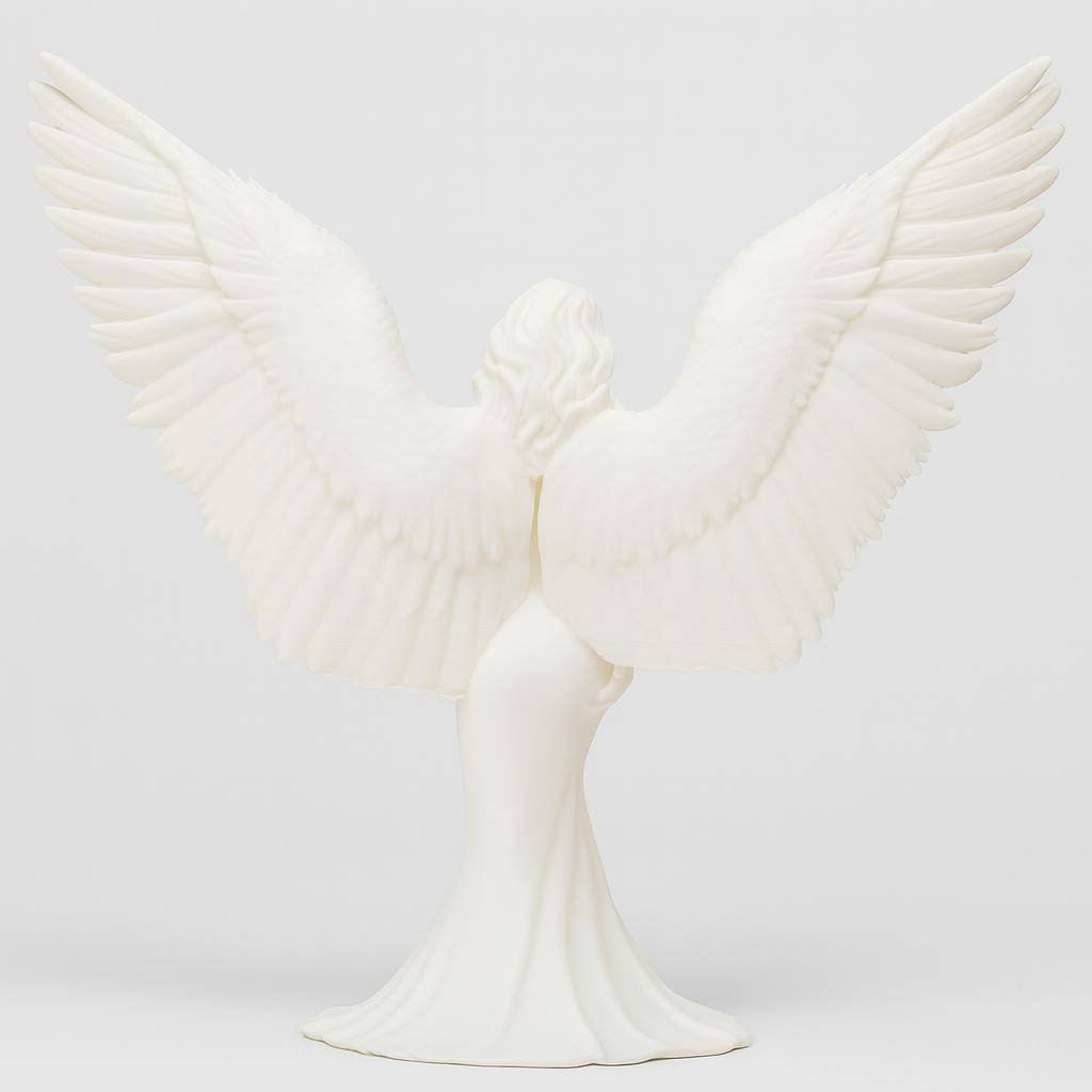 3D printed angel statue back view highlighting layered wings