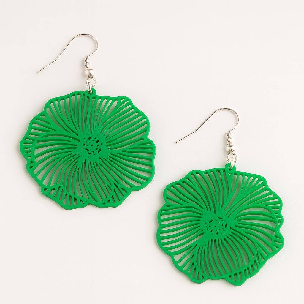 Green filigree bloom dangle earrings with silver-tone fishhook ear wires
