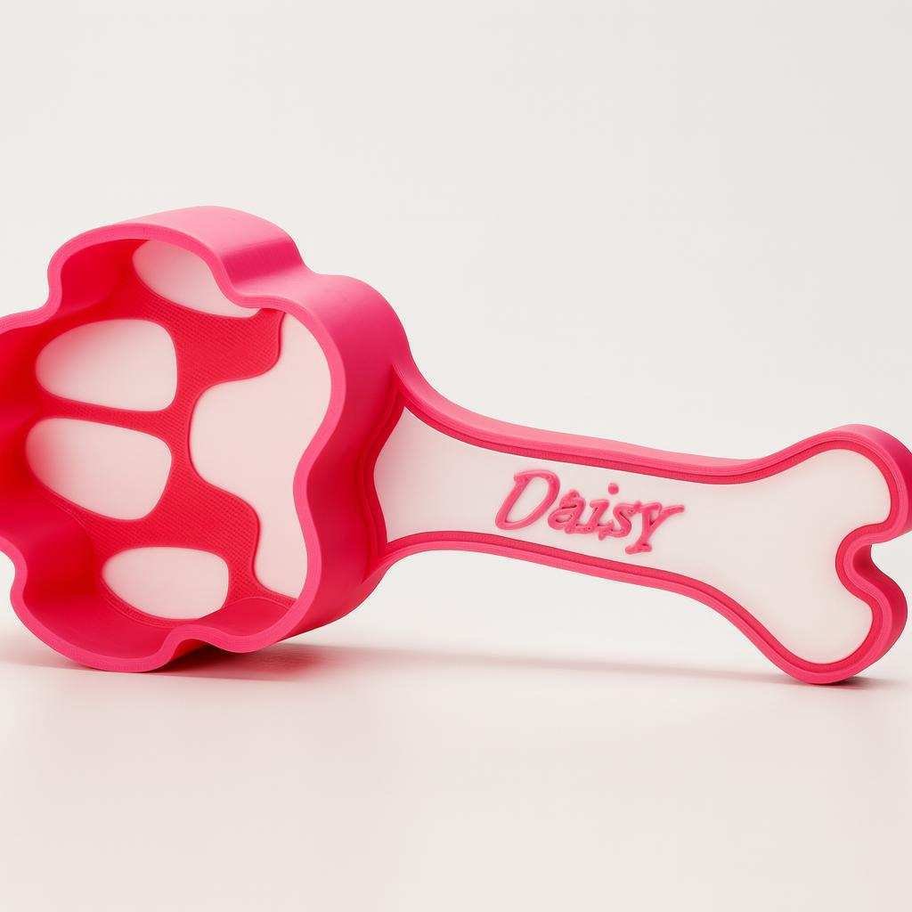 Pink and white bone-handle pet food scoop with raised name Daisy