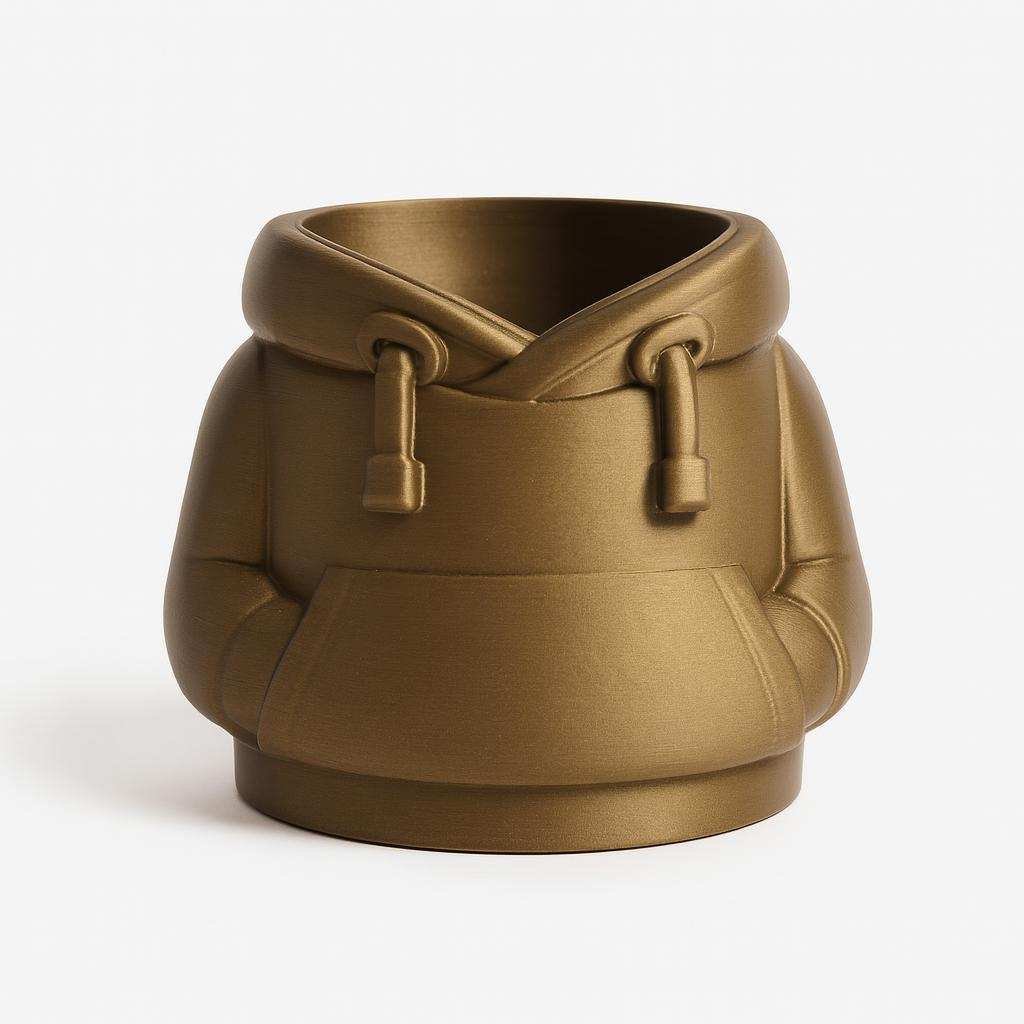 Hoodie-shaped pen cup front view with open hood rim