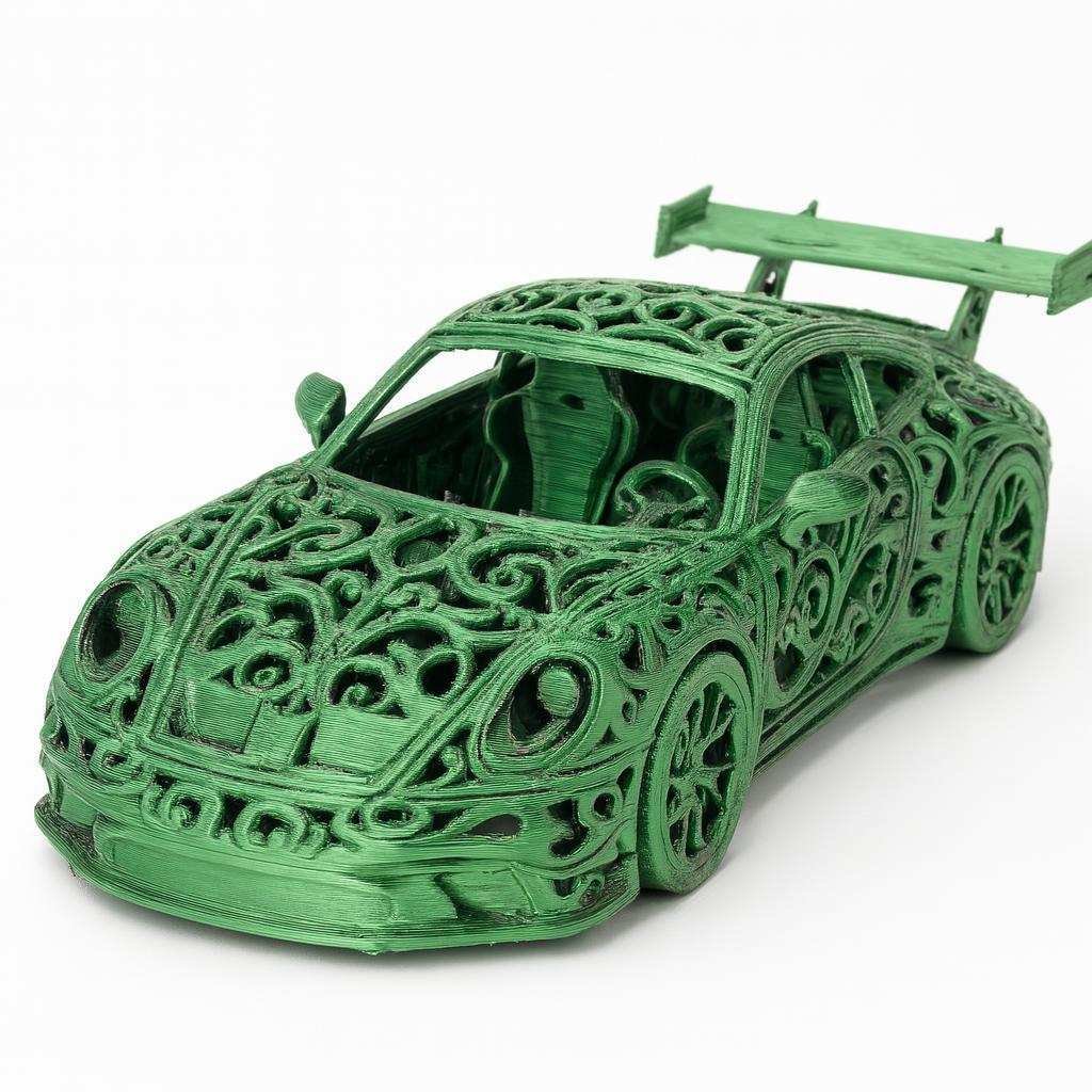 Green Voronoi lattice 3D printed Porsche-style GT3 rear wing detail