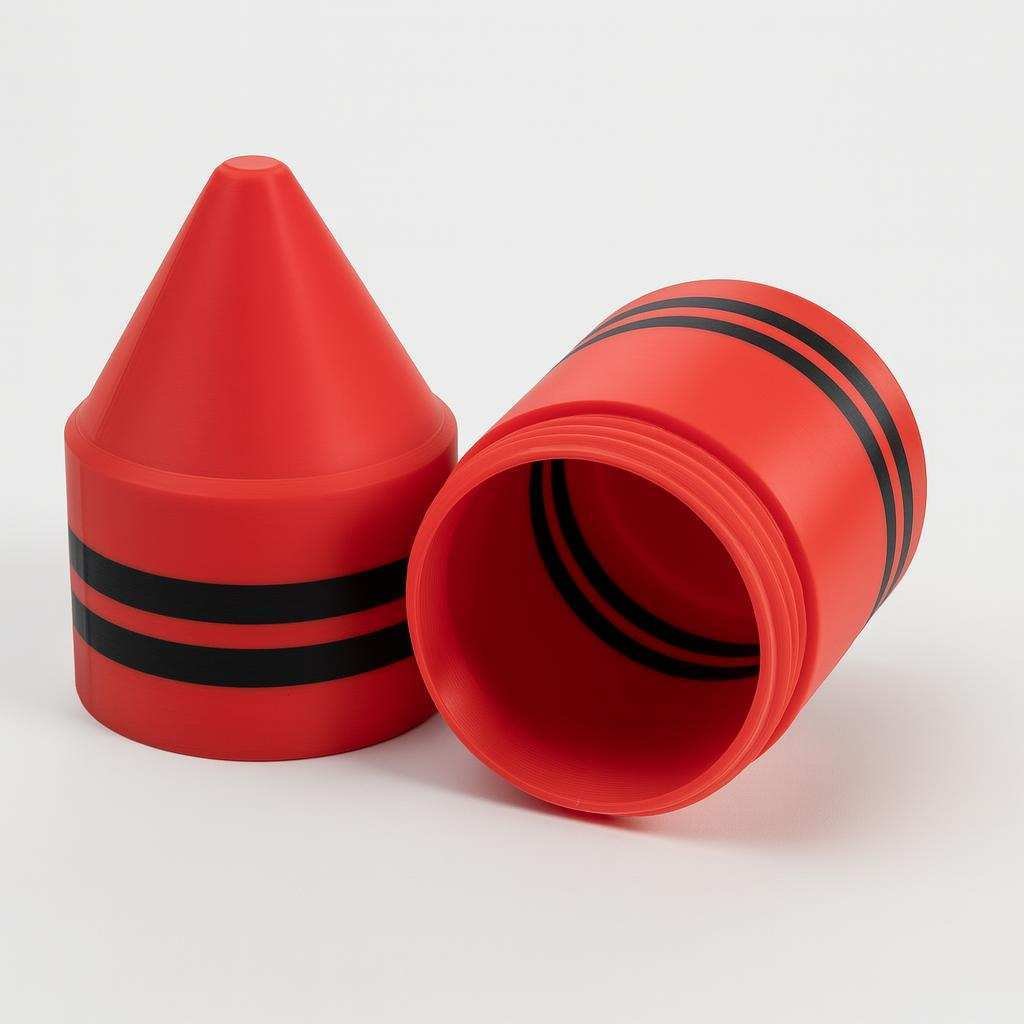 Crayon-shaped PLA container case with lid beside open base