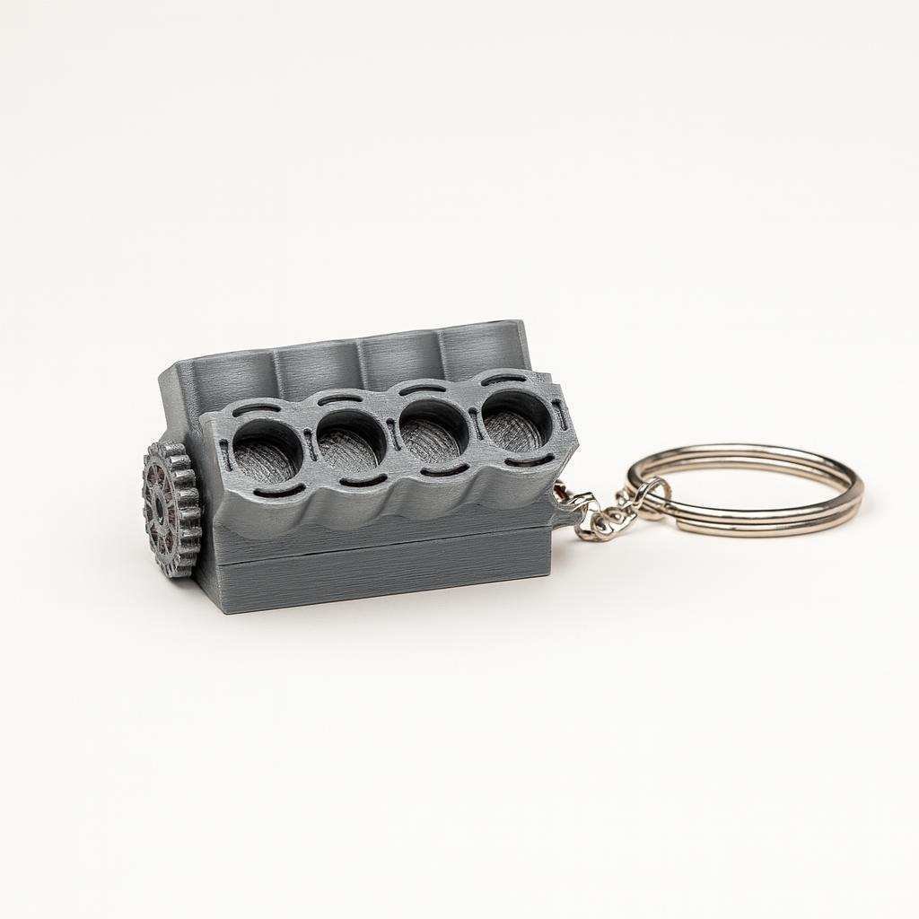 Angled view of PLA V8 keychain showing cylinder openings
