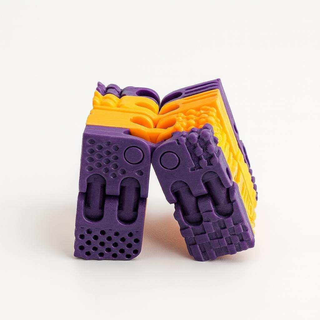 Side view of the folding fidget cube with hinge joints and patterned surfaces