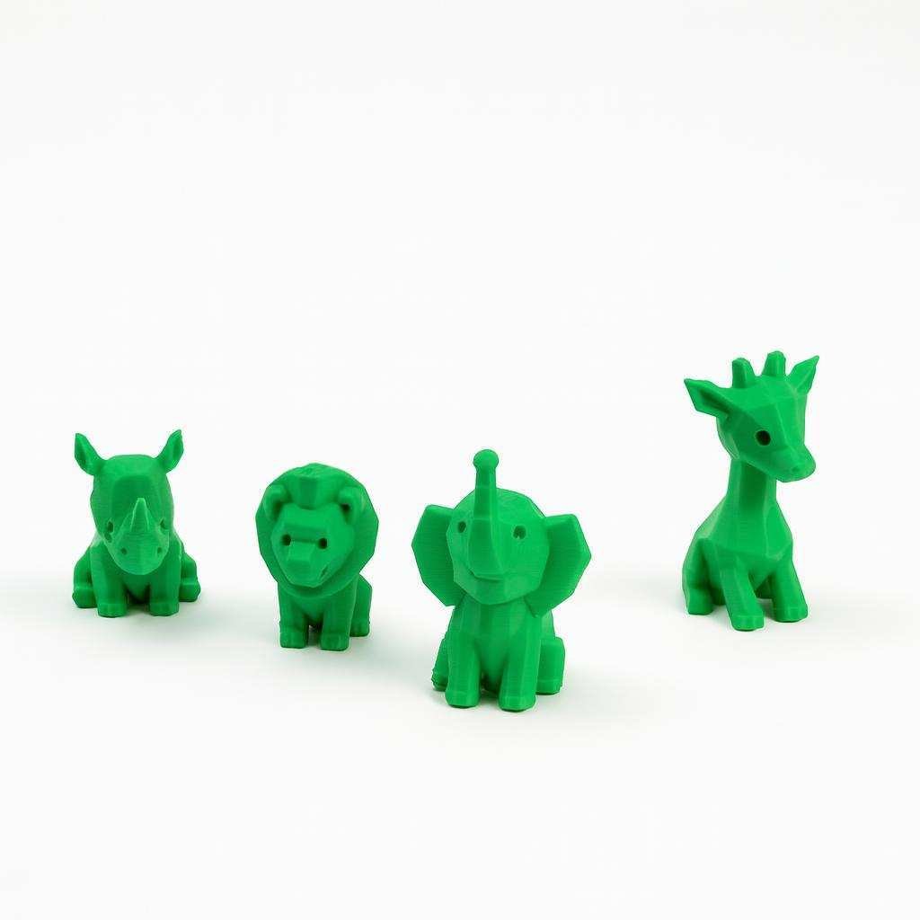 Mini safari animal figurines arranged with elephant lion giraffe rhino on white background