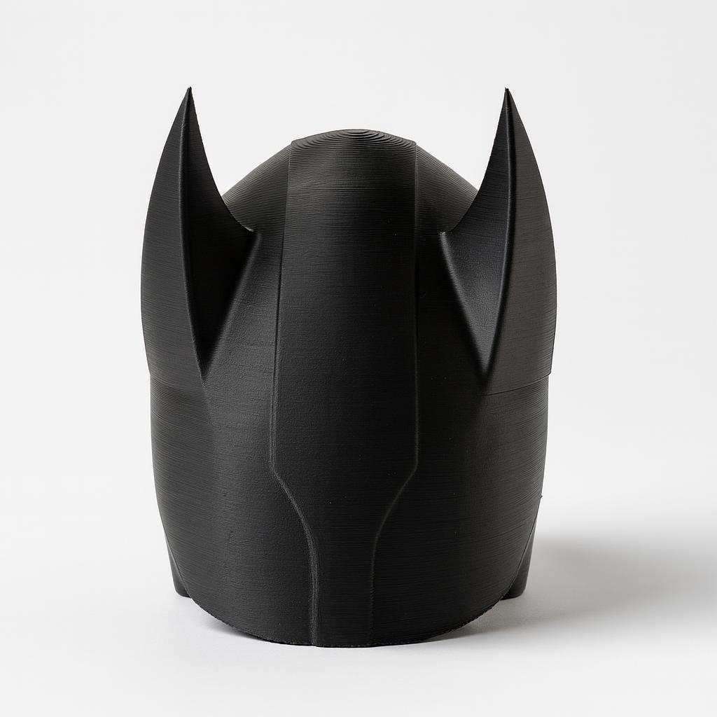 Rear view showing tall ears on the black PLA bat helmet