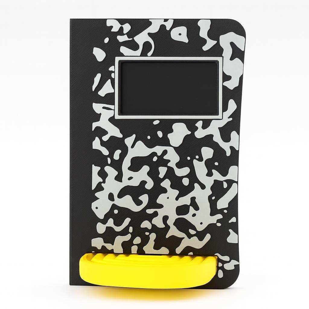 composition notebook phone stand front view with label detail