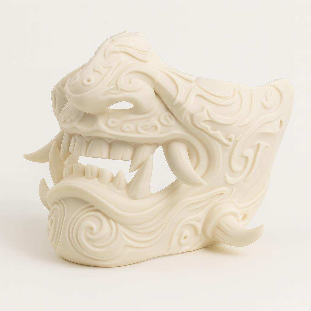 Wearable Half Oni Mask angled view highlighting layered details