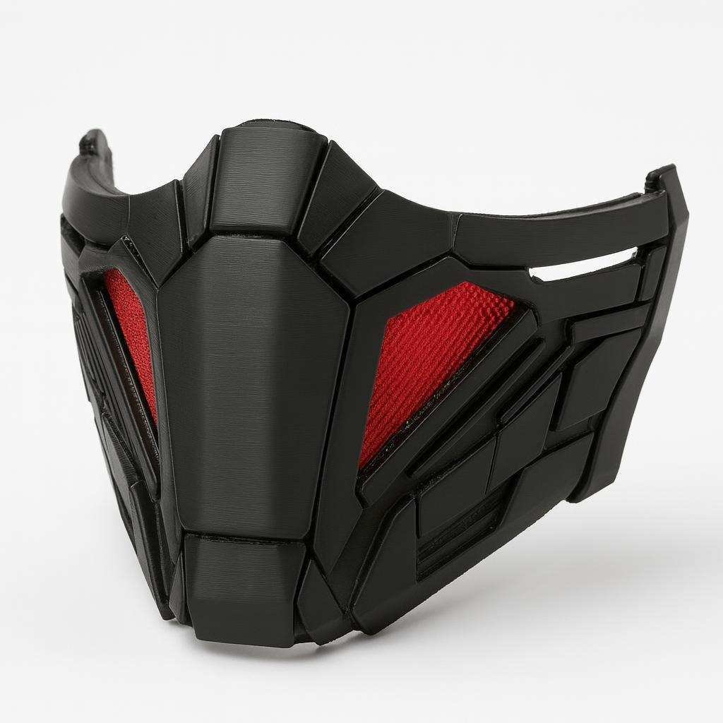 Wearable cyber half mask front-quarter view with red textured accent panel