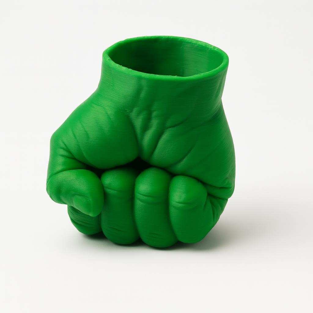 Close-up of green fist-shaped pen holder showing knuckle details