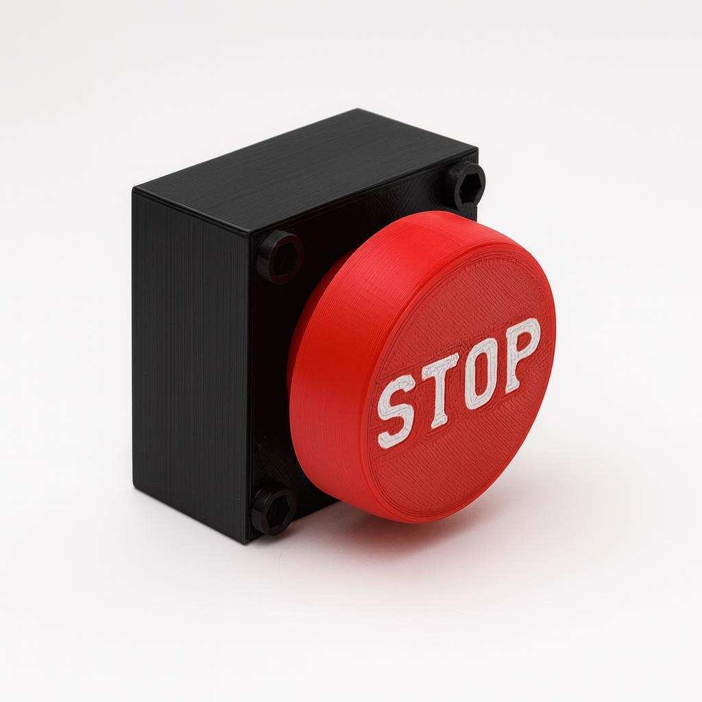 STOP button fidget clicker perspective view on black rectangular base