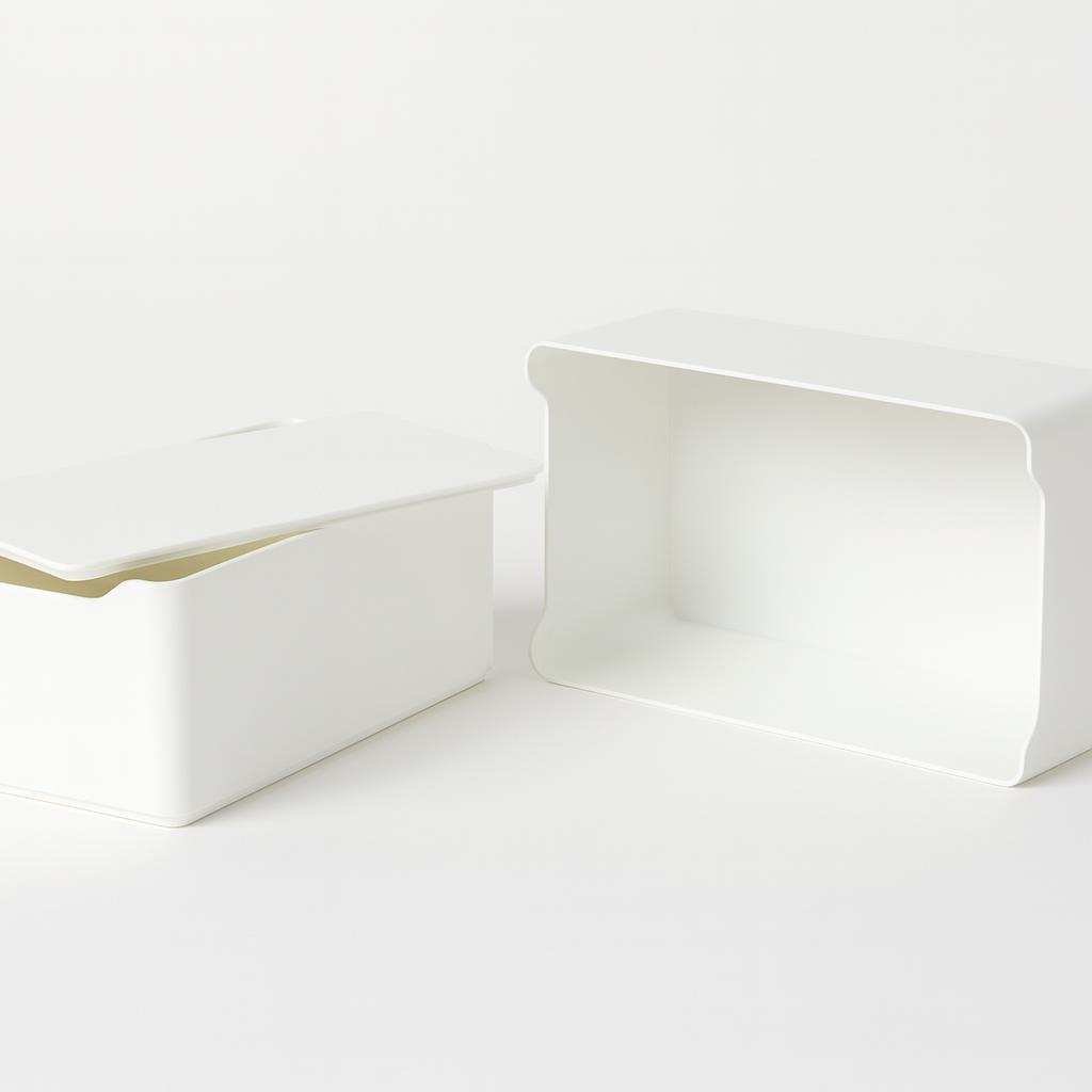 Open stackable storage bin with lid set beside it
