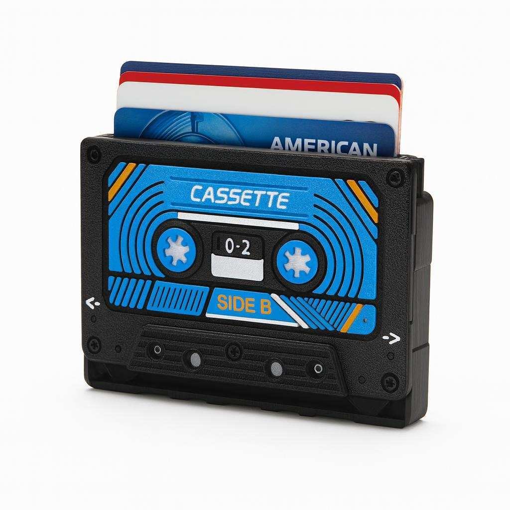 Retro Cassette Card Holder standing upright showing cassette face and cards