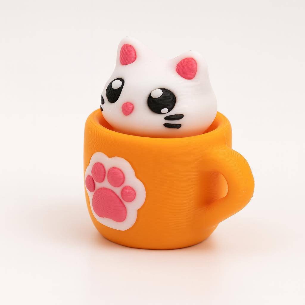side view of orange handled cup with cat head insert