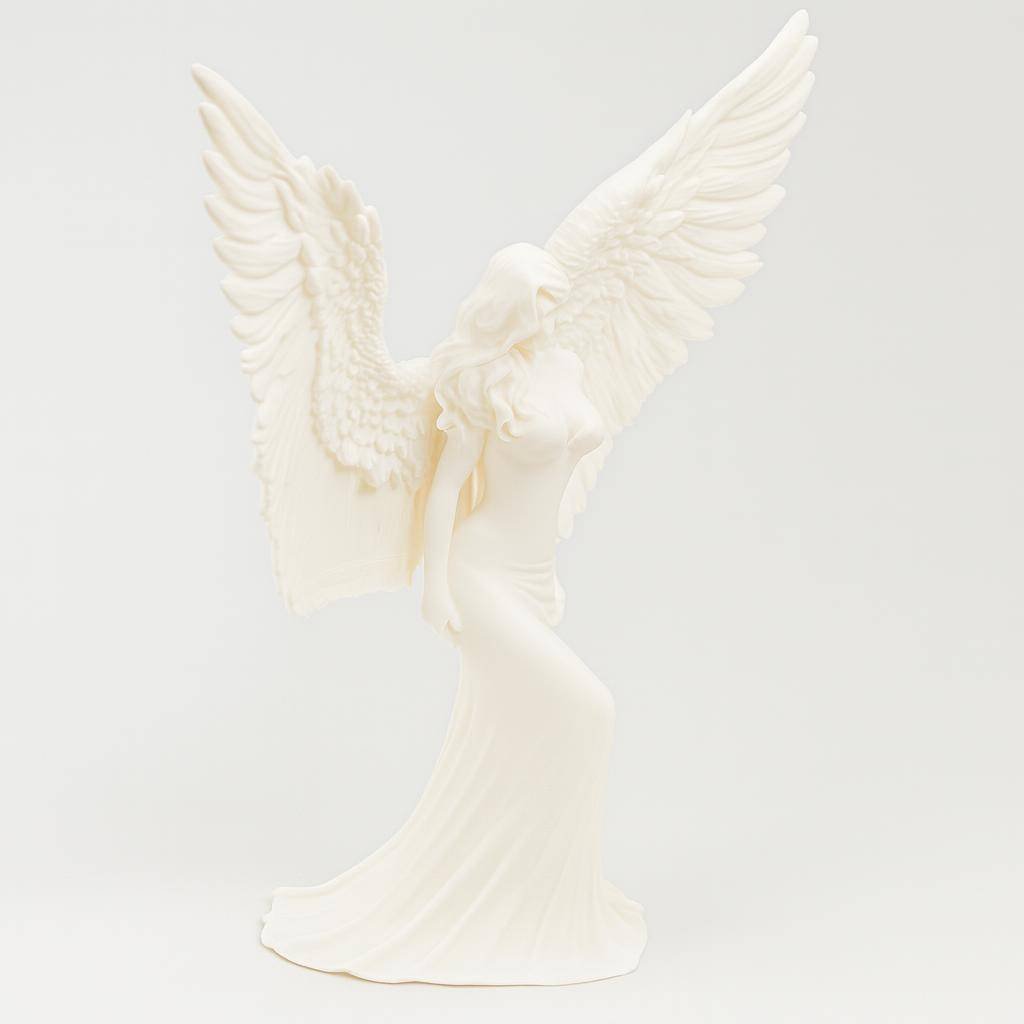 3D printed angel statue side view with flowing gown silhouette
