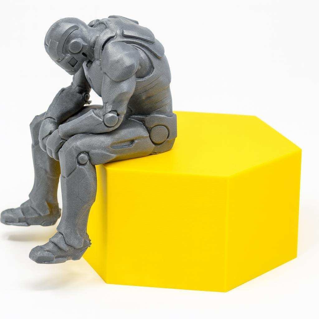Back view of 3D printed seated armor-style figurine perched on ledge