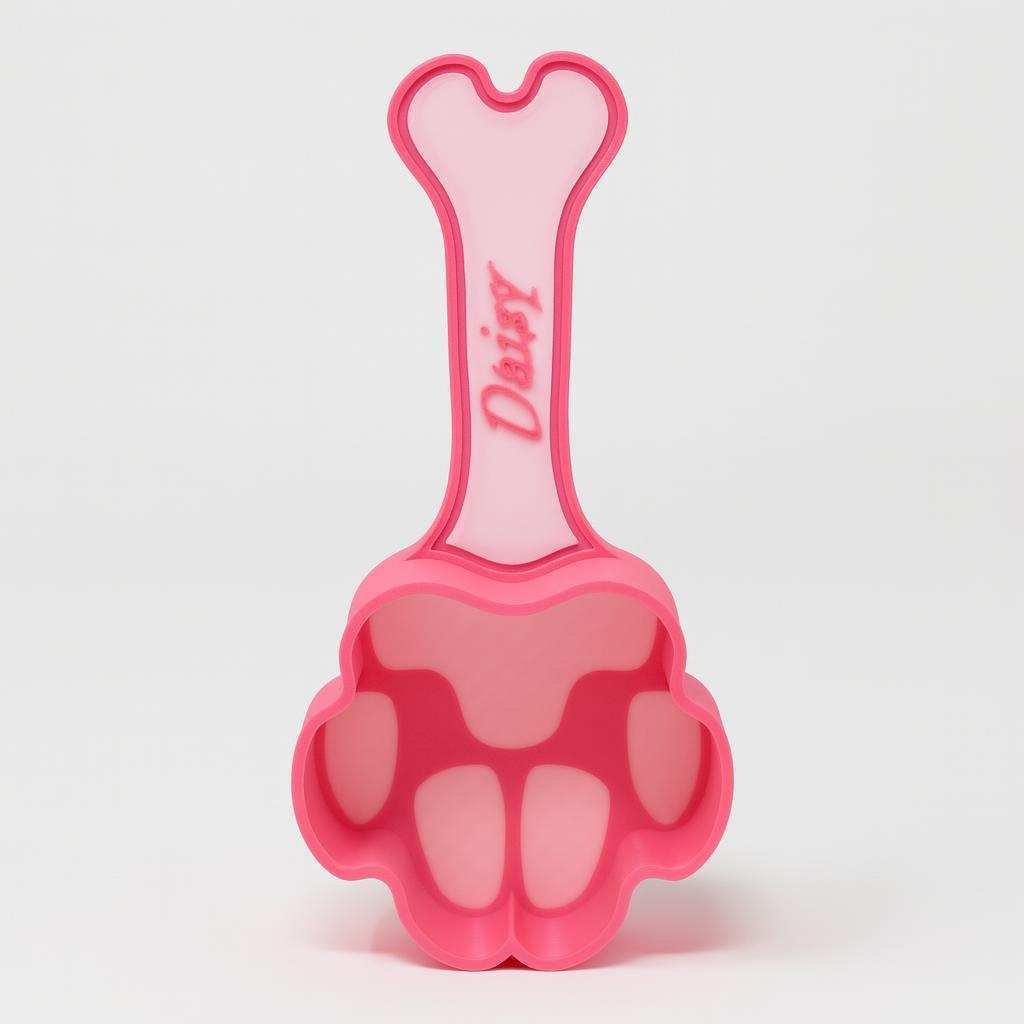 Front view of pink paw-shaped scoop with bone handle and raised name lettering