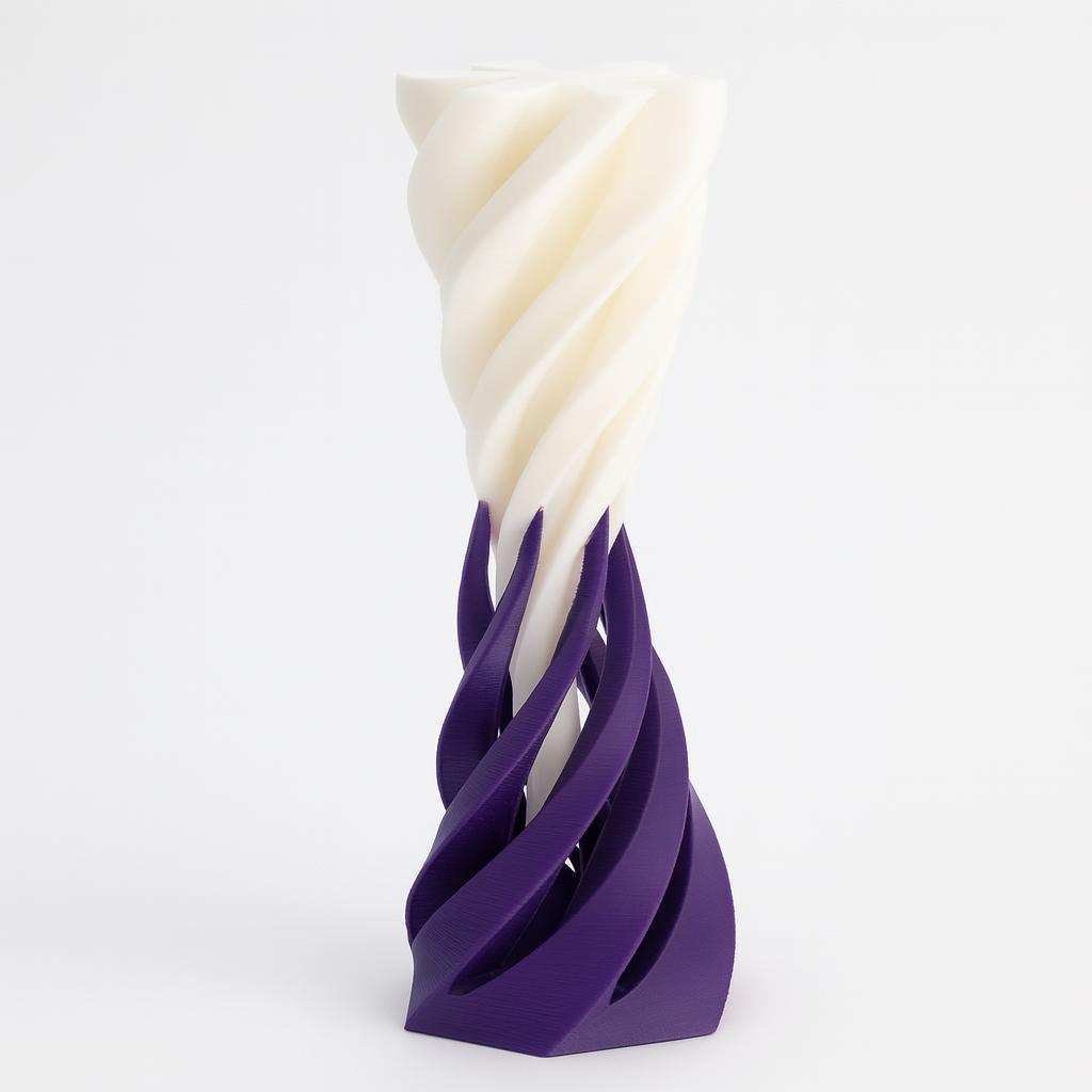 Twisty passthrough cone in purple and white PLA with twisted cone form