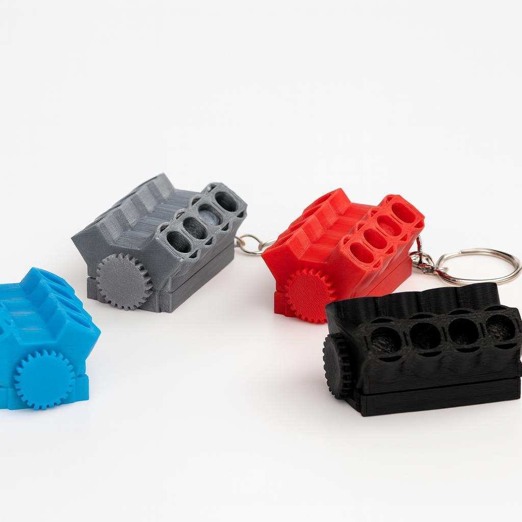 Multiple color examples of V8 fidget engine keychain (colors may vary)