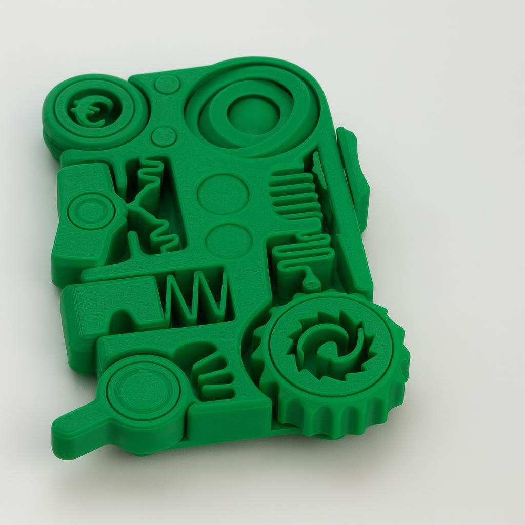 Top view of green PLA multi fidget toy with spinning discs and tactile zones
