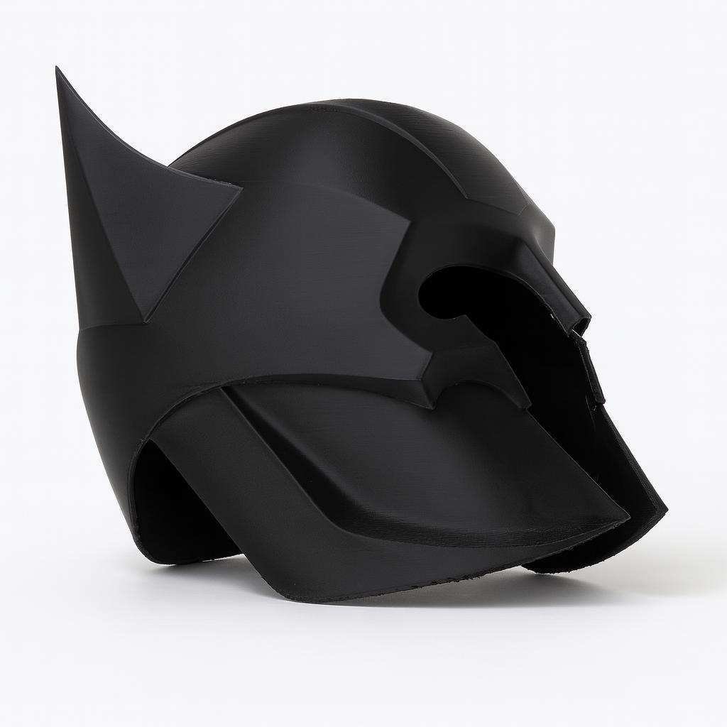 Angled view of bat cowl helmet with sculpted brow and cheek panels