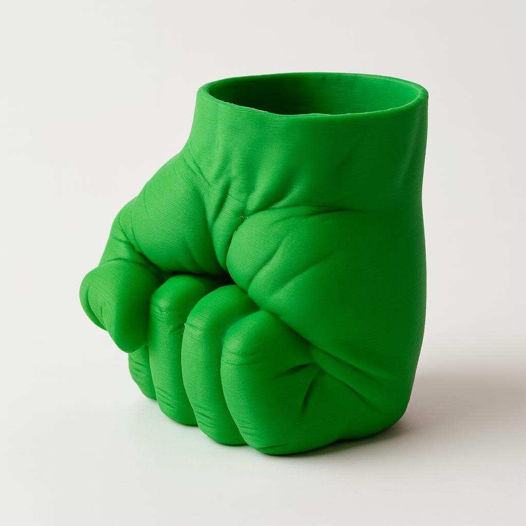 Side view of green superhero fist pen holder 3D printed in PLA