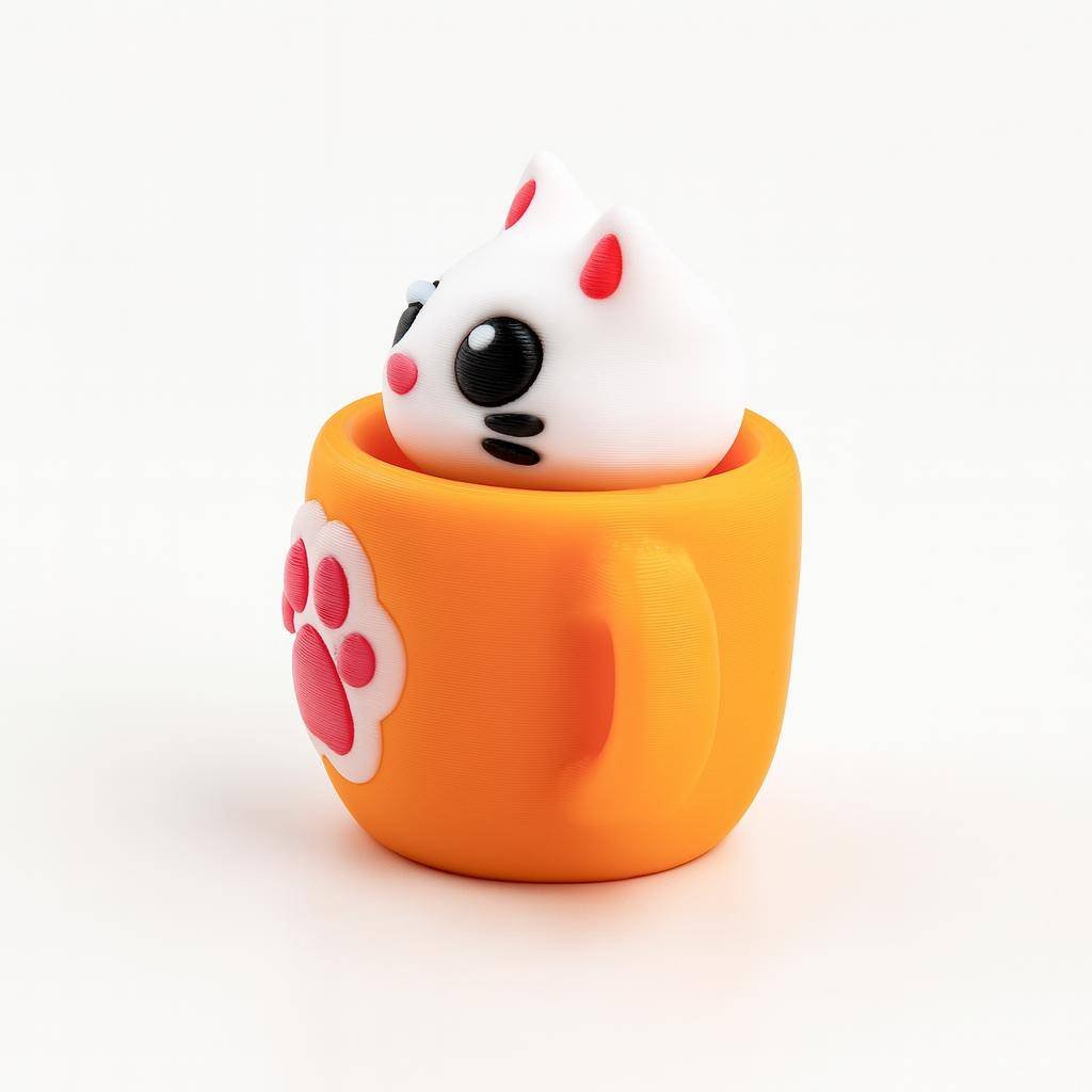 rear view of miniature orange cup with white cat figure