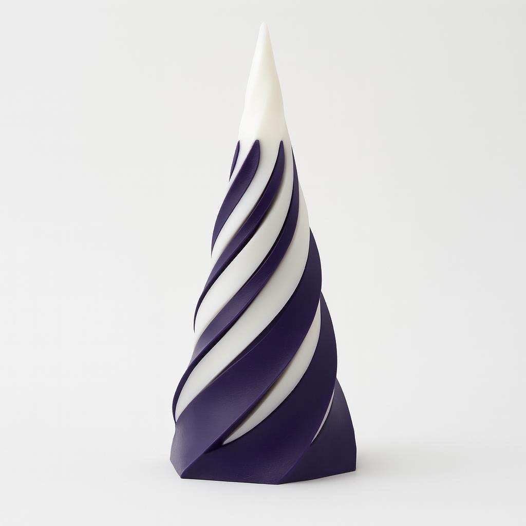 Twisty passthrough cone in purple and white showing spiral ridges and base