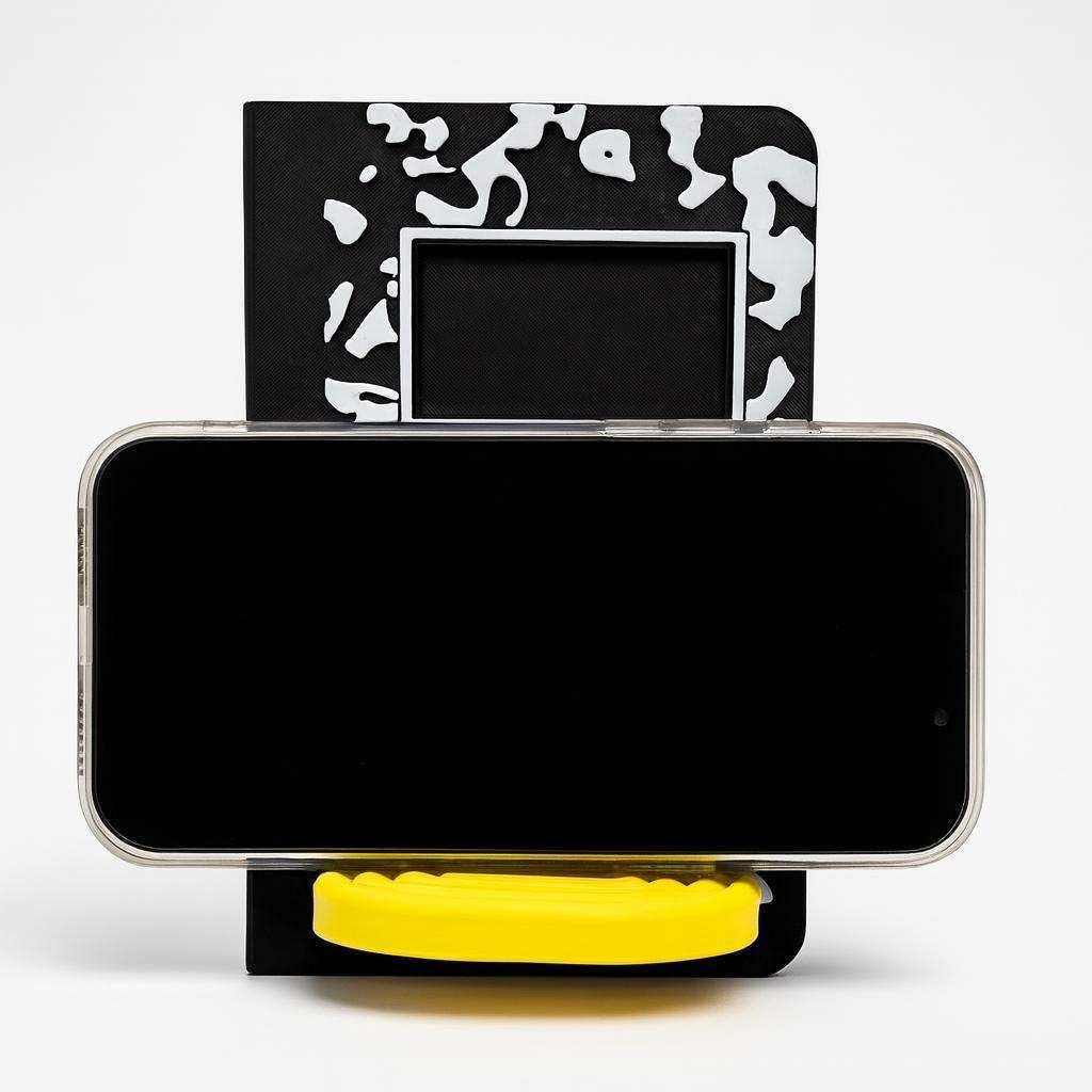 composition notebook phone stand with phone displayed on desk