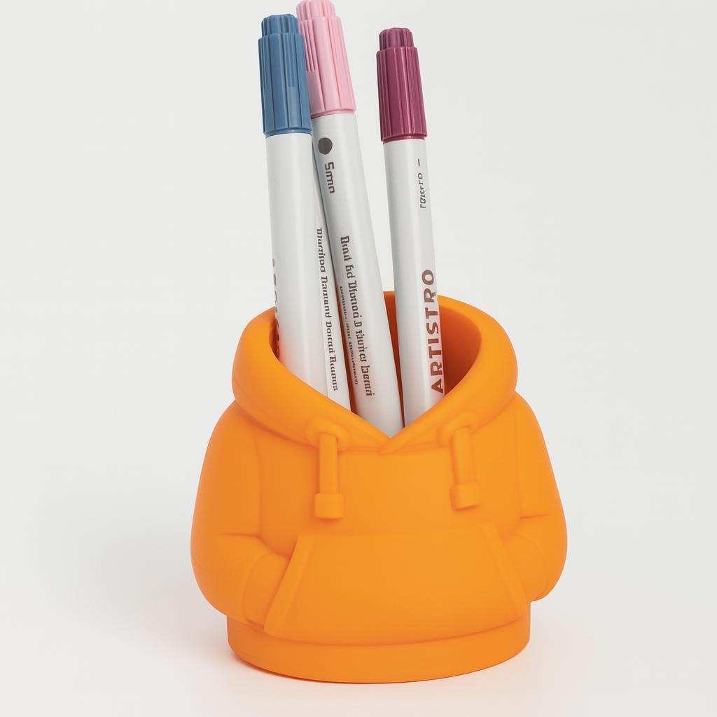 Hoodie Pen Box shown in orange color holding pens