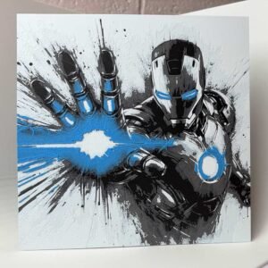 Iron Man wall art panel shooting blaster pose in blue and grayscale