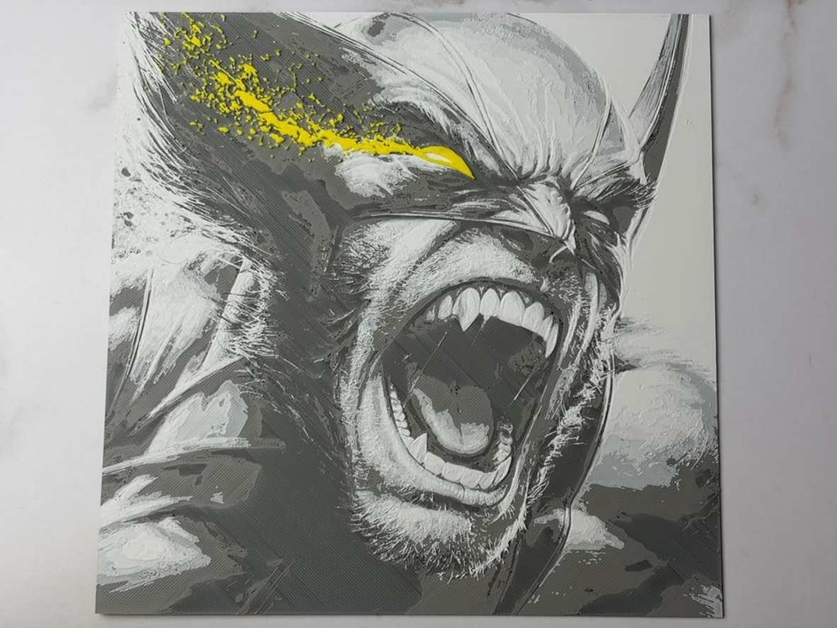 Wolverine wall art panel 3D printed PLA relief in grayscale with yellow accent