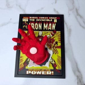 Iron Man comic wall art in a black frame with 3D pop-out red hand effect