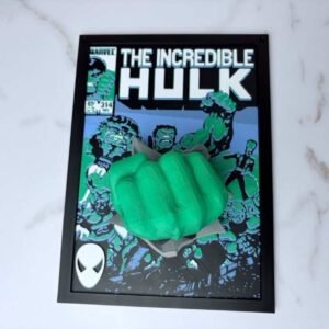 Hulk comic cover wall art in black frame with 3D pop out green fist