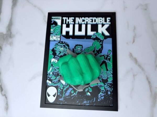 Hulk comic cover wall art in black frame with 3D pop out green fist