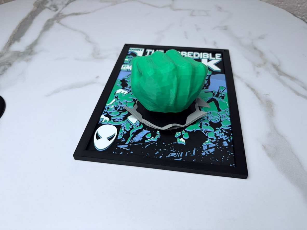 Angled view of Hulk comic cover wall art showing raised 3D fist and cracked impact surround
