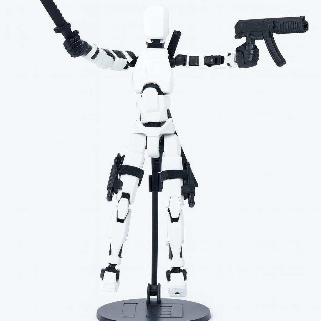 3D printed articulated figure in white and black with accessory props on a display base